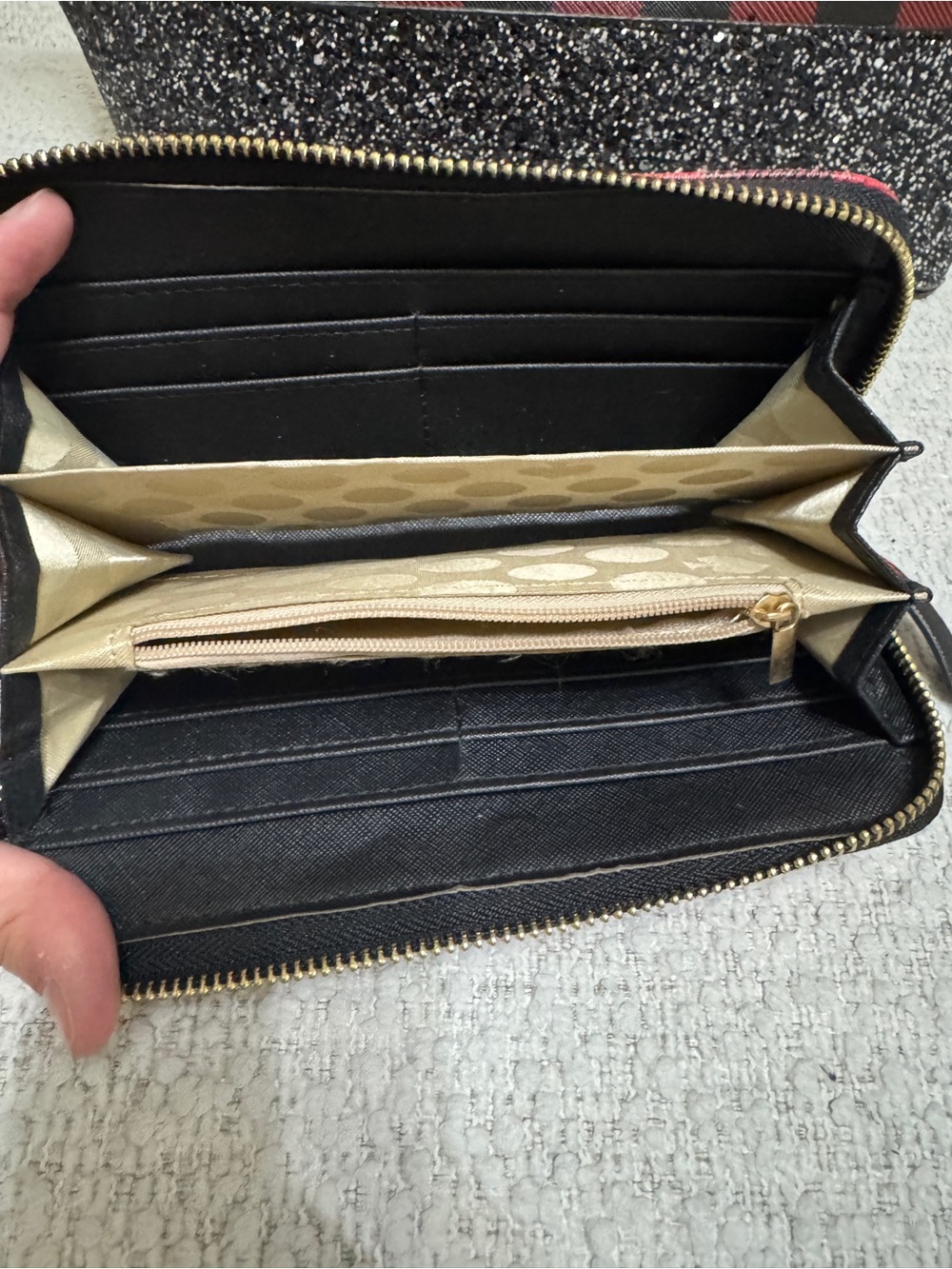 Kate Spade Buffalo Plaid Black And Silver Glitter Set Tote Wallet Cardholder - Picture 6 of 16